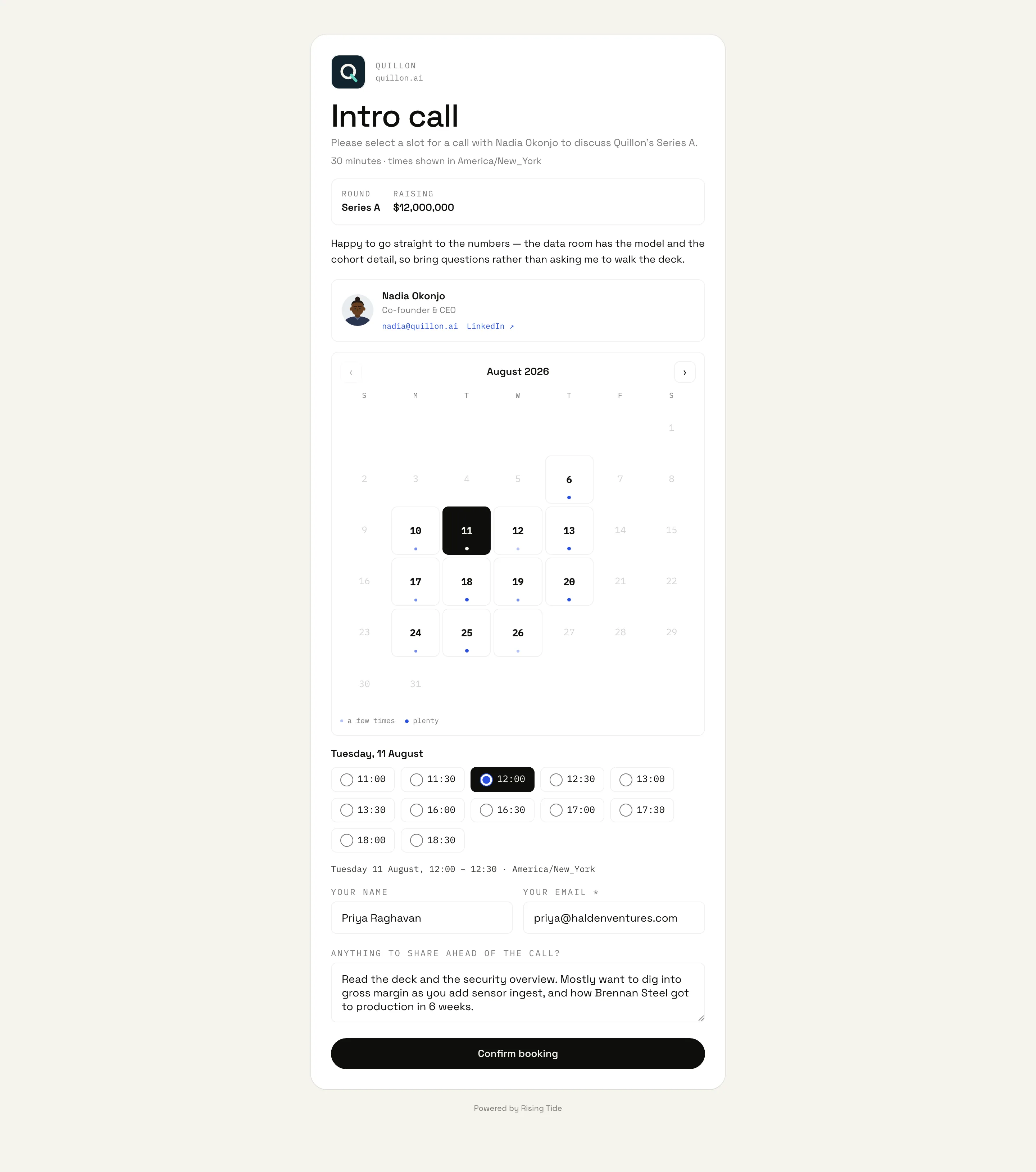 The investor-facing booking page on real calendar availability
