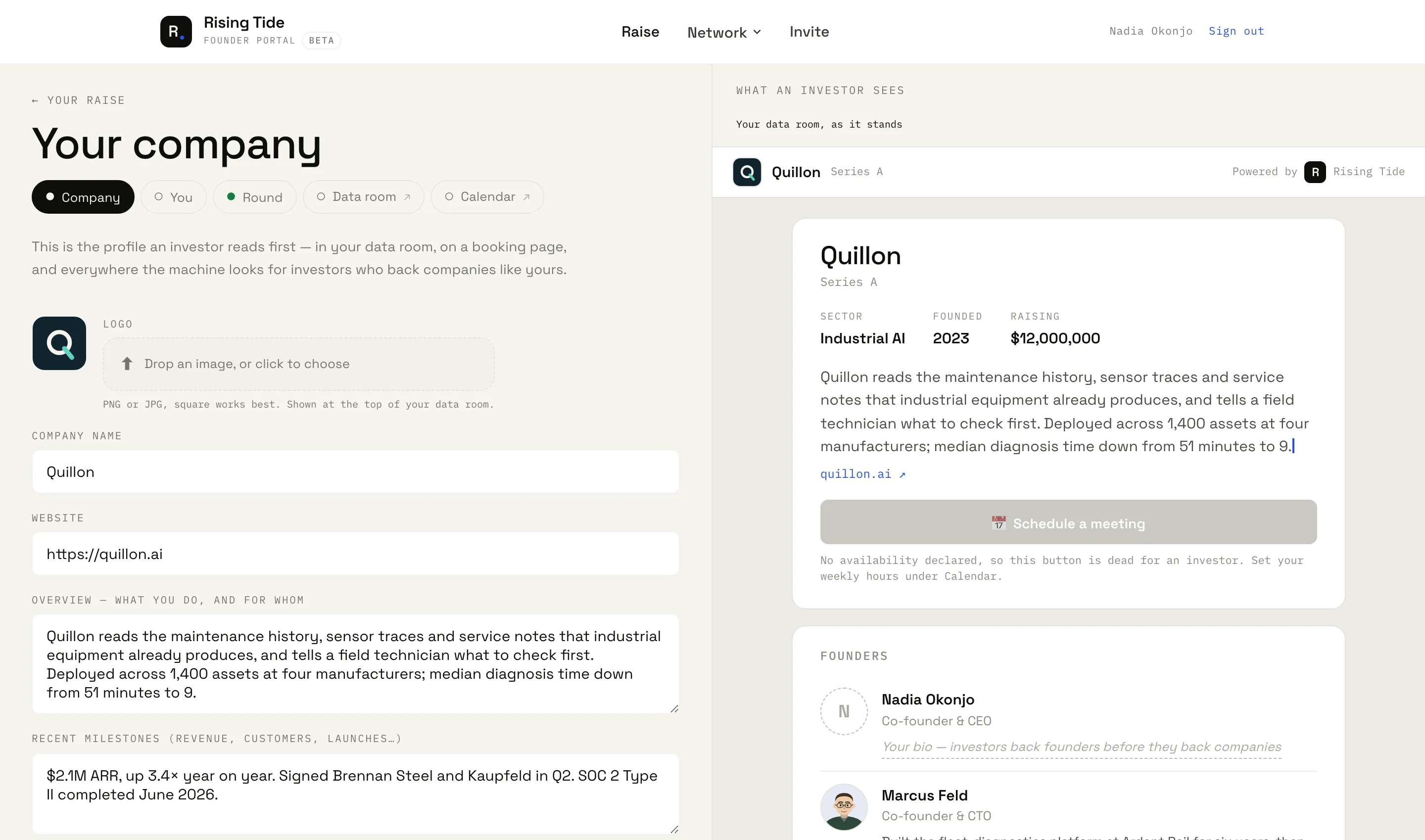 RTFRM stage setup: one company profile, data room and booking link