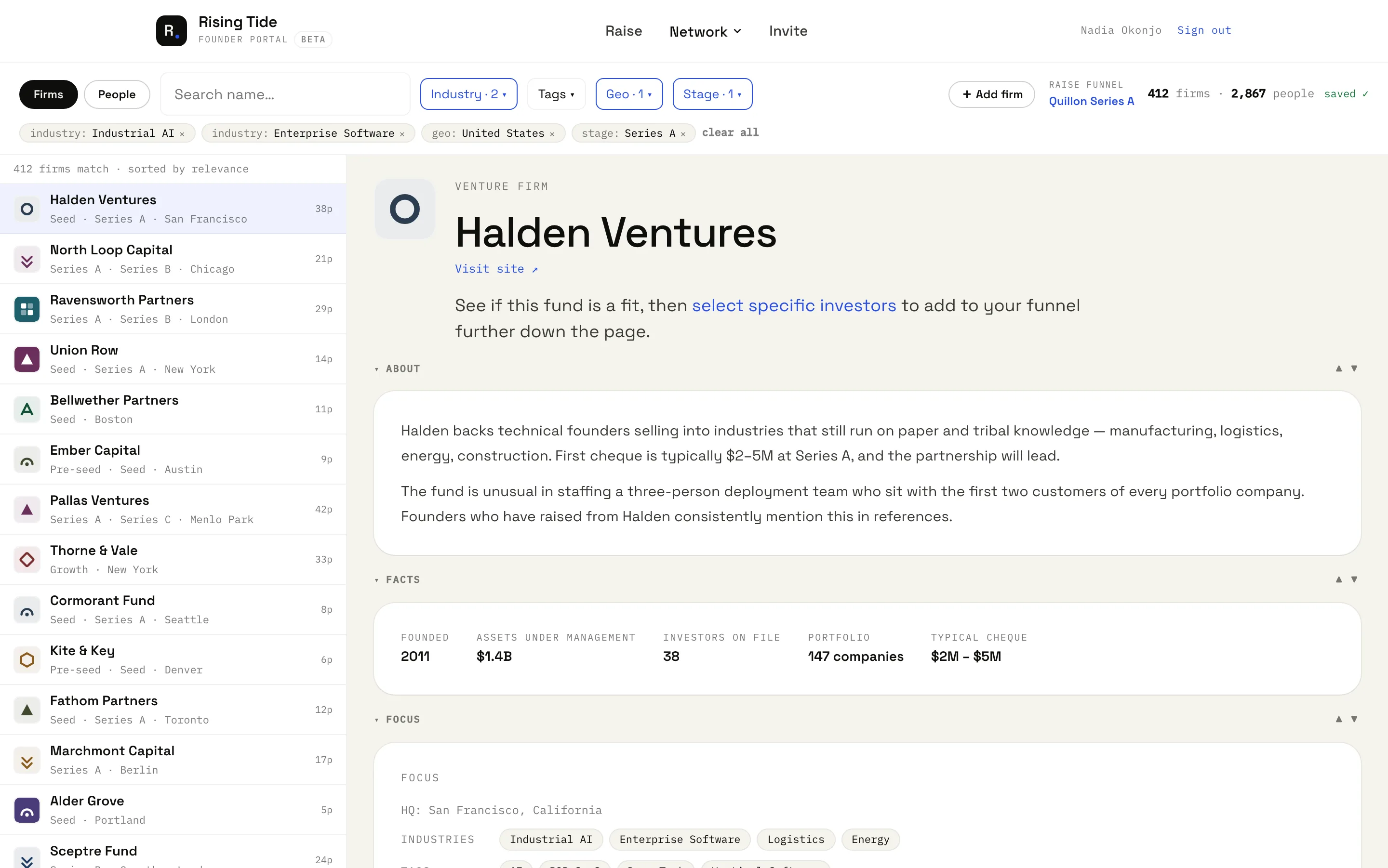 The venture firm directory, filtered by industry, geography and stage