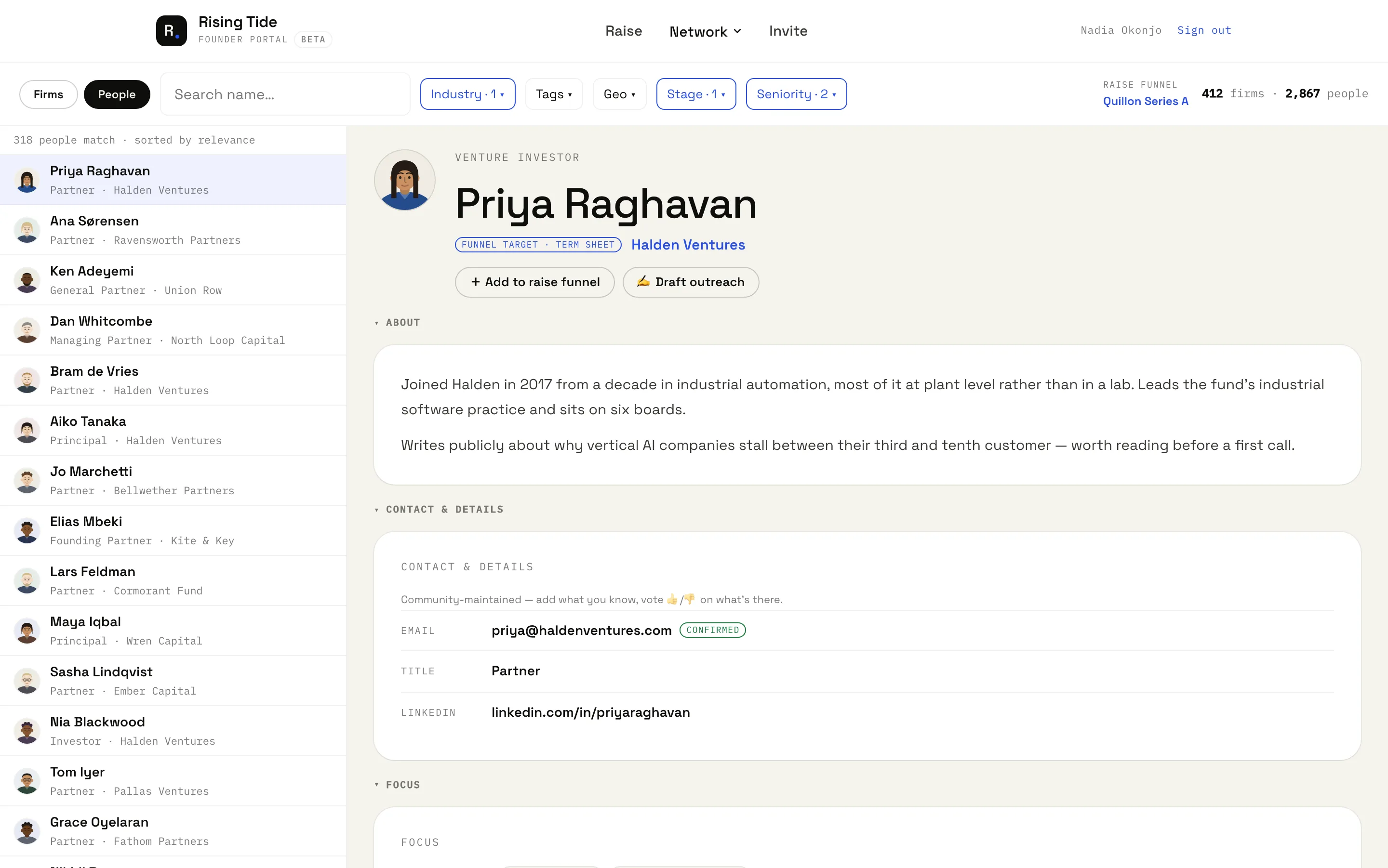Investor profiles Marina works from, with warm-path context